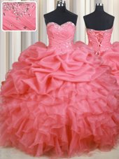 Customized Watermelon Red Sleeveless Floor Length Beading and Ruffles and Ruching and Pick Ups Lace Up Vestidos de Quinceanera