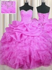 Fitting Lilac Organza Lace Up Sweetheart Sleeveless Floor Length 15th Birthday Dress Beading and Ruffles and Sequins and Ruching