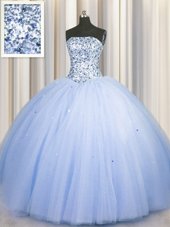 Big Puffy Tulle Strapless Sleeveless Lace Up Beading and Sequins Sweet 16 Dress in Blue