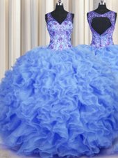 Glorious V-neck Sleeveless Zipper Quince Ball Gowns Blue Organza