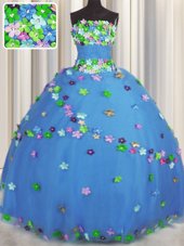 Strapless Sleeveless Lace Up 15th Birthday Dress Blue Tulle