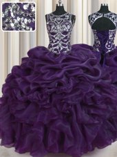 Dazzling Scoop Sleeveless Quinceanera Dress Floor Length Beading and Pick Ups Dark Purple Organza