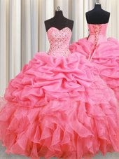 Bling-bling Sleeveless Organza Floor Length Lace Up Quince Ball Gowns in Pink for with Beading and Ruffles
