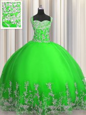 Green Ball Gowns Tulle Straps Sleeveless Beading and Appliques Floor Length Lace Up 15th Birthday Dress