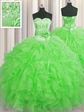 Low Price Handcrafted Flower Sweetheart Sleeveless Organza Quinceanera Gowns Beading and Ruffles and Hand Made Flower Lace Up