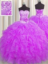 Dramatic Handcrafted Flower Ball Gowns Quinceanera Gown Purple Sweetheart Organza Sleeveless Floor Length Lace Up