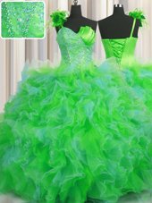 Top Selling One Shoulder Handcrafted Flower Sleeveless Floor Length Beading and Ruffles and Hand Made Flower Lace Up 15 Quinceanera Dress with Multi-color