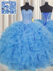 Zipper Up Olive Green Organza Zipper 15th Birthday Dress Sleeveless Floor Length Beading and Appliques