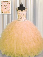 Glorious Bling-bling Organza Sleeveless Floor Length Quince Ball Gowns and Beading and Ruffles