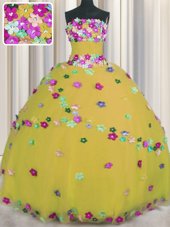 Elegant Strapless Sleeveless Lace Up 15th Birthday Dress Gold Tulle