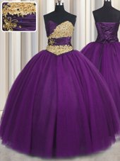 Purple Lace Up Sweetheart Beading and Appliques Sweet 16 Dresses Tulle Sleeveless