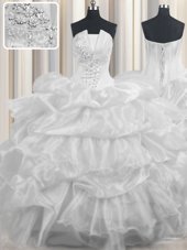 Superior White Sleeveless Floor Length Beading and Ruffled Layers and Pick Ups Lace Up 15th Birthday Dress