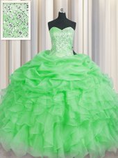 Modern Green Organza Lace Up Sweetheart Sleeveless Floor Length Quinceanera Gowns Beading and Ruffles