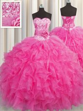Flirting Handcrafted Flower Hot Pink Sleeveless Organza Lace Up Quince Ball Gowns for Military Ball and Sweet 16 and Quinceanera
