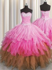 Suitable Multi-color Ball Gowns Organza Sweetheart Sleeveless Beading and Ruffles and Ruffled Layers and Sequins Floor Length Lace Up Quince Ball Gowns
