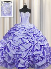 Brush Train Lavender Lace Up Sweetheart Beading and Pick Ups Ball Gown Prom Dress Taffeta Sleeveless Sweep Train