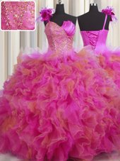 One Shoulder Handcrafted Flower Multi-color Sleeveless Beading and Ruffles and Hand Made Flower Floor Length Sweet 16 Dresses