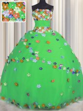 Strapless Sleeveless Sweet 16 Quinceanera Dress Floor Length Hand Made Flower Green Tulle