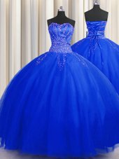 Puffy Skirt Royal Blue Sleeveless Floor Length Beading Lace Up Vestidos de Quinceanera