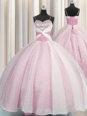 Artistic Visible Boning Big Puffy Sleeveless Lace Up Floor Length Beading and Ruching 15 Quinceanera Dress