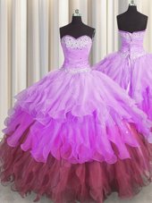 Fine Multi-color Organza Lace Up Ball Gown Prom Dress Sleeveless Floor Length Beading and Ruffles and Ruffled Layers and Pick Ups