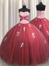 Tulle Sweetheart Sleeveless Lace Up Beading and Appliques Sweet 16 Dresses in Wine Red
