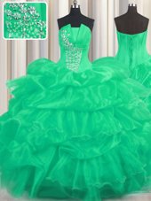 Turquoise Ball Gowns Organza Strapless Sleeveless Beading and Ruffled Layers and Pick Ups Floor Length Lace Up Ball Gown Prom Dress