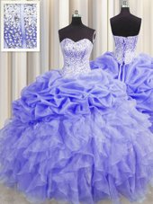 Glamorous Visible Boning Lavender Sleeveless Beading and Ruffles and Pick Ups Floor Length Quinceanera Dress