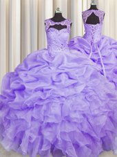 Scoop Sleeveless Floor Length Beading and Pick Ups Lace Up 15th Birthday Dress with Lavender
