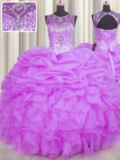 Scoop See Through Floor Length Lilac Vestidos de Quinceanera Organza Sleeveless Beading and Ruffles and Pick Ups