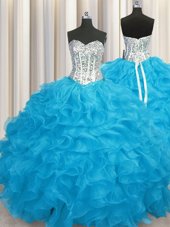 Customized Organza Long Sleeves Floor Length Ball Gown Prom Dress and Beading and Ruffles