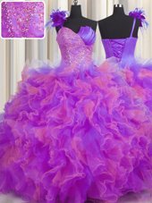 Handcrafted Flower Floor Length Multi-color Quince Ball Gowns One Shoulder Sleeveless Lace Up