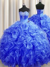 Attractive Royal Blue Organza Lace Up Sweetheart Sleeveless Quince Ball Gowns Sweep Train Beading and Ruffles