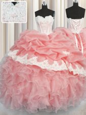 Cheap Floor Length Watermelon Red and Baby Pink Quinceanera Dresses Organza Sleeveless Appliques and Ruffles and Pick Ups