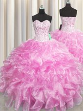 Charming Visible Boning Zipper Up Rose Pink Ball Gowns Organza Sweetheart Sleeveless Beading and Ruffles Floor Length Zipper Quinceanera Dresses
