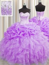 Visible Boning Purple Sleeveless Floor Length Beading and Ruffles and Pick Ups Lace Up Quinceanera Dresses