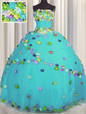 Charming Floor Length Lace Up Quinceanera Gowns Aqua Blue and In for Military Ball and Sweet 16 and Quinceanera with Hand Made Flower