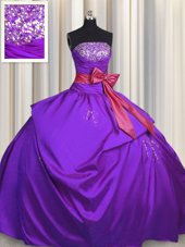 Bowknot Strapless Sleeveless Lace Up Quince Ball Gowns Purple Taffeta