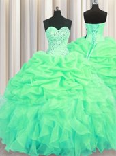 Shining Light Blue Organza Lace Up Quinceanera Dresses Sleeveless With Brush Train Beading and Ruffles and Pick Ups