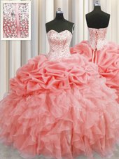 Visible Boning Sweetheart Sleeveless Organza 15th Birthday Dress Ruffles and Pick Ups Lace Up