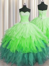Super Sleeveless Organza Floor Length Lace Up Vestidos de Quinceanera in Multi-color for with Beading and Ruffles and Ruffled Layers and Sequins