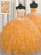 Deluxe Handcrafted Flower Orange Sweetheart Neckline Beading and Ruffles and Hand Made Flower Quinceanera Dress Sleeveless Lace Up