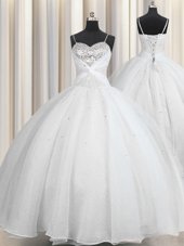 Visible Boning Sleeveless Lace Up Floor Length Beading and Ruffles Quince Ball Gowns