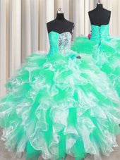 Apple Green Lace Up Sweetheart Beading and Ruffles Quinceanera Dresses Organza Sleeveless