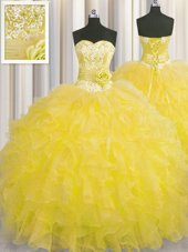 Handcrafted Flower Gold Sleeveless Floor Length Beading and Ruffles and Hand Made Flower Lace Up Sweet 16 Dresses