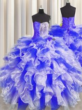 Colorful Sweetheart Sleeveless Quinceanera Gown Floor Length Beading and Ruffles and Ruching Blue And White Organza