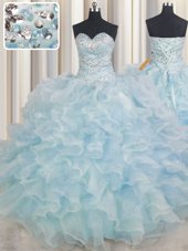 Stylish Beading and Ruffles Quinceanera Gown Light Blue Lace Up Sleeveless Floor Length