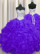 Custom Design Purple Organza Lace Up Sweetheart Sleeveless Floor Length Ball Gown Prom Dress Beading and Ruffles