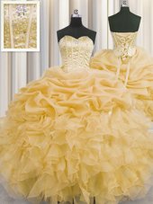 Visible Boning Floor Length Lace Up Quinceanera Gown Gold and In for Military Ball and Sweet 16 and Quinceanera with Beading and Ruffles and Pick Ups