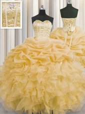 Visible Boning Purple Sleeveless Beading and Ruffles and Pick Ups Floor Length Quinceanera Gowns